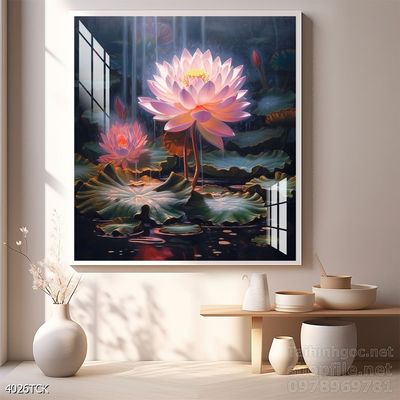 Tranh decor tường phòng khách cá chép hoa sen