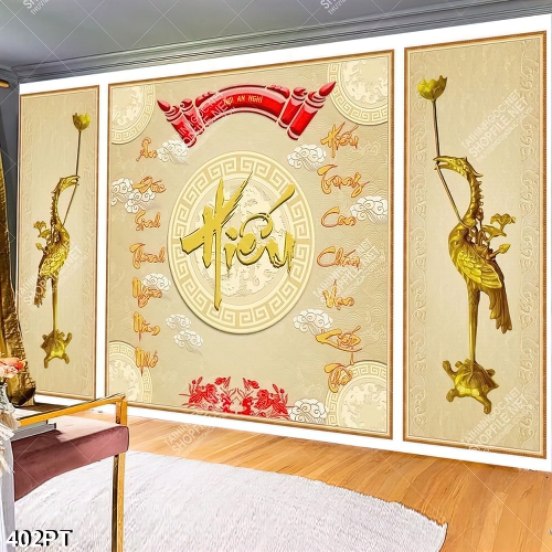 Tranh thờ thư pháp và chim hạc vàng treo tường