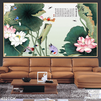 Tranh hoa sen, cá chép thư pháp nghệ thuật