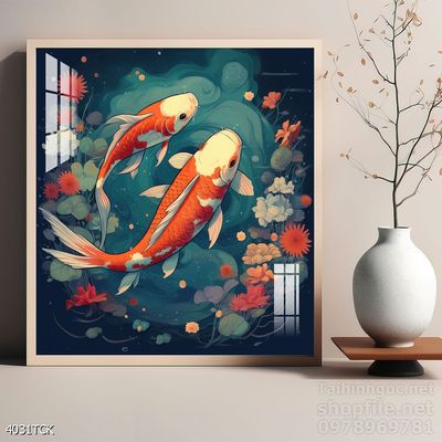 Tranh trang trí phòng khách cá chép hoa sen