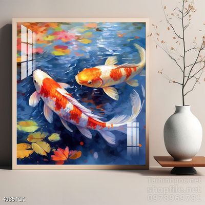 Tranh decor tường phòng khách cá chép hoa sen