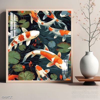 Tranh trang trí phòng khách cá chép hoa sen