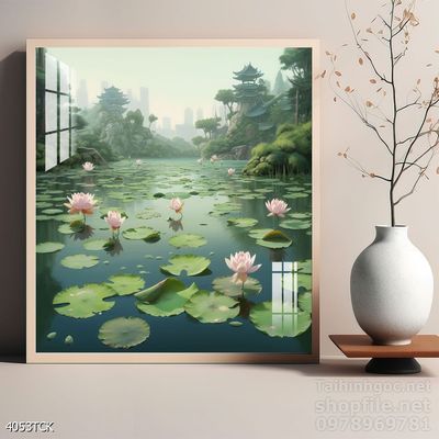 Tranh decor tường phòng khách cá chép hoa sen