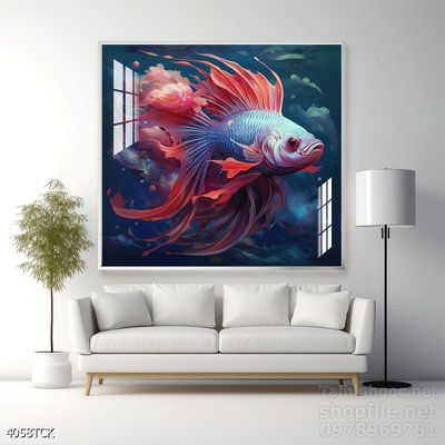 Tranh trang trí phòng khách cá chép hoa sen