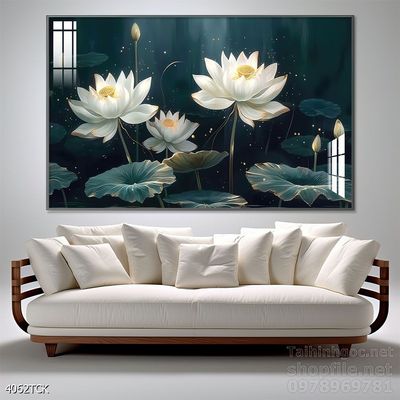 Tranh decor tường phòng khách cá chép hoa sen