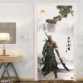 Tranh phong thuỷ Quang Công bên thác nước nghệ thuật in kính