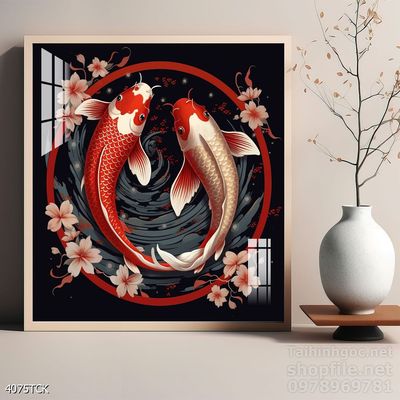 Tranh trang trí phòng khách cá chép hoa sen