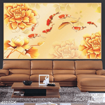 Tranh hoa sen, cá chép quần tụ kim tiền