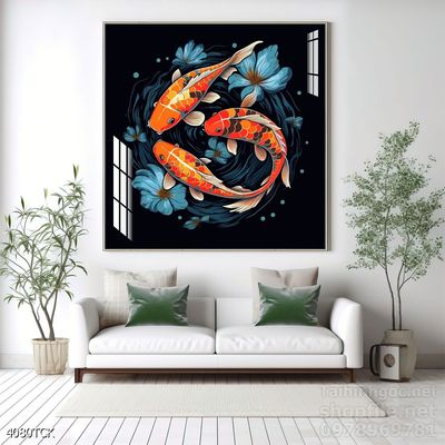 Tranh cá chép hoa sen nghệ thuật hiện đại