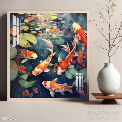 Tranh trang trí phòng khách cá chép hoa sen