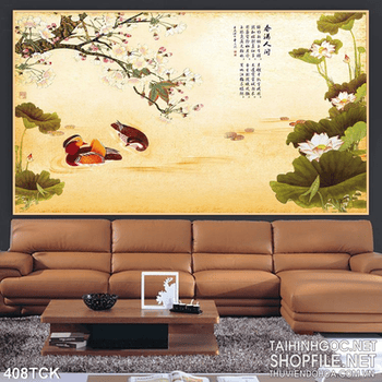 Tranh hoa sen, cá chép thư pháp trang trí