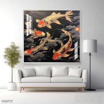 Mẫu tranh decor tường cá chép hoa sen