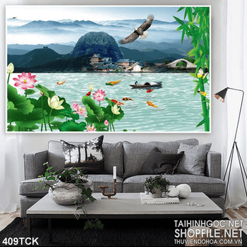 Tranh hoa sen, cá chép và phong cảnh