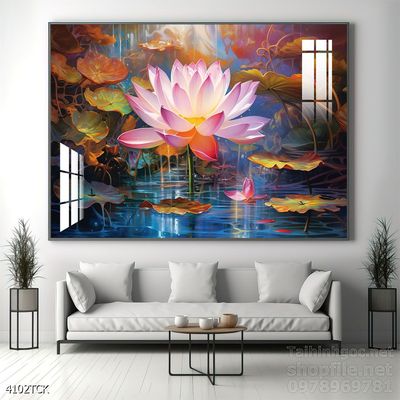 Tranh trang trí phòng khách cá chép hoa sen
