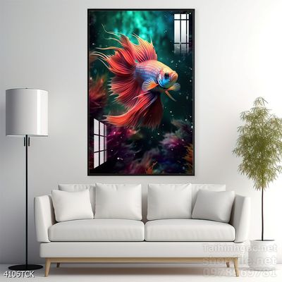 Tranh decor tường phòng khách cá chép hoa sen