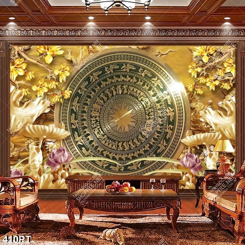 Tranh trang trí nội thất trống đồng và hoa sen điêu khắc gỗ