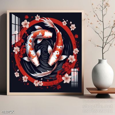 Mẫu tranh decor tường cá chép hoa sen
