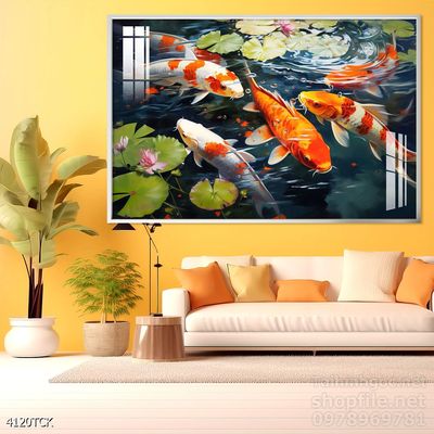 Tranh trang trí phòng khách cá chép hoa sen