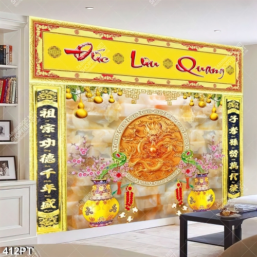 Tranh bàn thờ thư pháp rồng và bình hoa trên nền giả ngọc