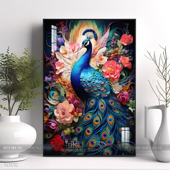 Tranh phòng khách chim công và hoa mẫu đơn treo tường