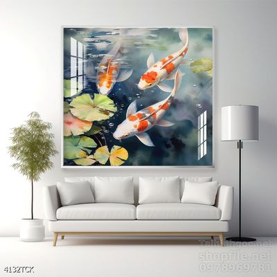 Tranh decor tường phòng khách cá chép hoa sen