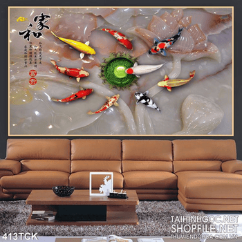 Tranh hoa sen, cá chép quần tụ giả ngọc