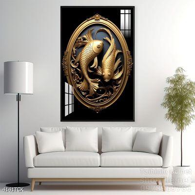 Tranh decor tường phòng khách cá chép hoa sen