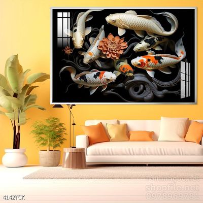 Tranh cá chép hoa sen nghệ thuật hiện đại