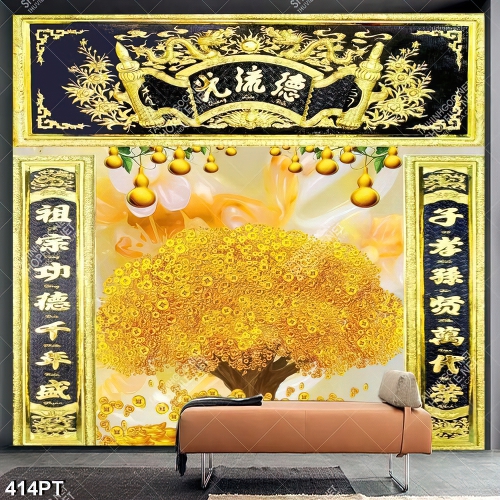 Tranh thờ thư pháp và cây kim tiền trên nền đá giả ngọc