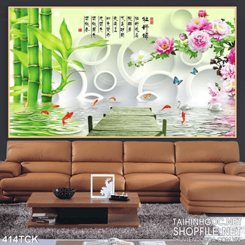 Tranh hoa sen, cá chép phong thủy thư pháp