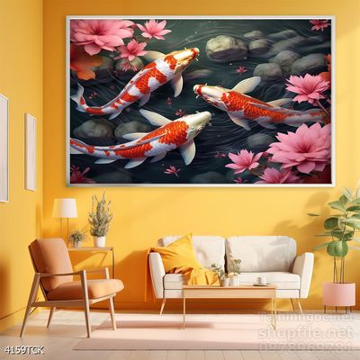 Tranh decor tường phòng khách cá chép hoa sen