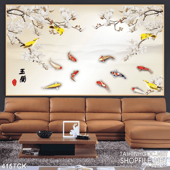 Tranh hoa sen, cá chép quần tụ mùa xuân