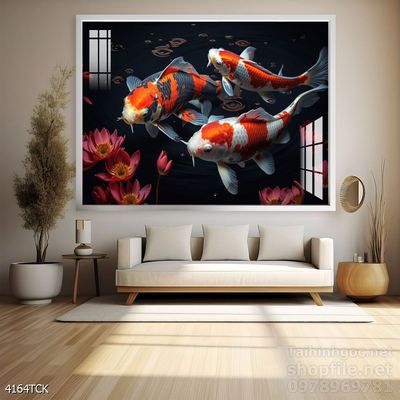 Tranh trang trí phòng khách cá chép hoa sen