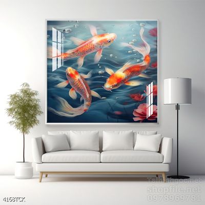 Tranh decor tường phòng khách cá chép hoa sen