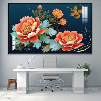 Tranh treo tường hoa mẫu đơn và đôi chim công khổ dọc