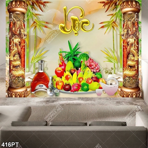 Tranh thờ chữ LỘC và mâm ngũ quả