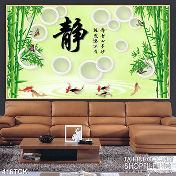 Tranh hoa sen, cá chép và cây tre