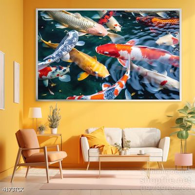 Tranh trang trí phòng khách cá chép hoa sen