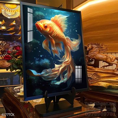 Tranh decor tường phòng khách cá chép hoa sen