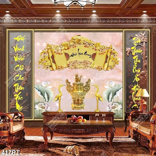 Tranh thờ treo tường chim hạc vàng trên nền giả ngọc in kính