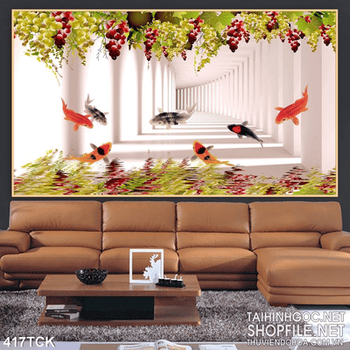 Tranh hoa sen, cá chép quần tụ