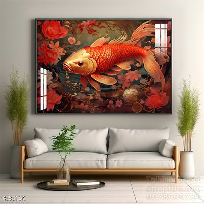 Tranh trang trí phòng khách cá chép hoa sen