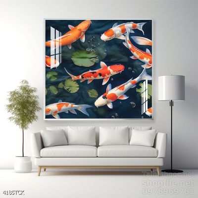 Tranh decor tường phòng khách cá chép hoa sen