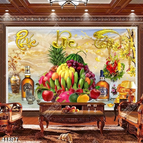 Tranh thờ chữ Phúc Lộc Thọ và mâm ngũ quả in uv