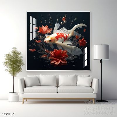 Tranh decor tường phòng khách cá chép hoa sen