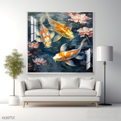 Tranh cá chép hoa sen nghệ thuật hiện đại
