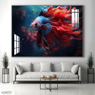 Mẫu tranh decor tường cá chép hoa sen