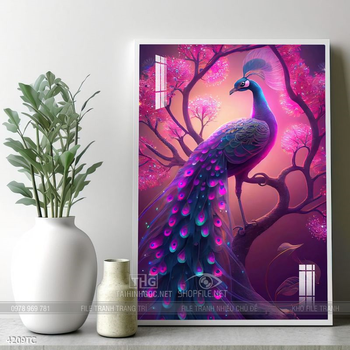 Tranh treo tường hoa mẫu đơn và đôi chim công khổ dọc