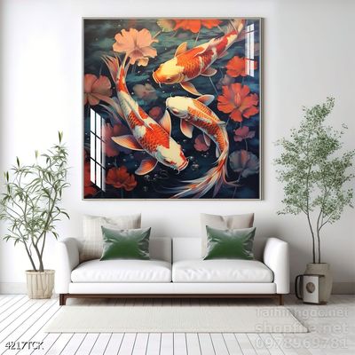 Tranh trang trí phòng khách cá chép hoa sen