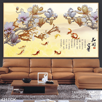 Tranh hoa sen, cá chép thư pháp kim tiền